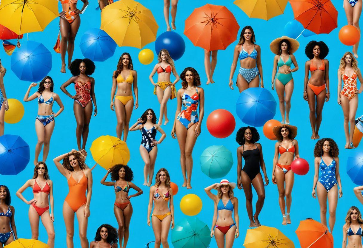 A dynamic collage showcasing the evolution of women's swimwear, featuring a timeline from vintage chic swim dresses to modern sporty bikinis and one-pieces, with women of diverse backgrounds modeling each style on a sunny beach. Incorporate elements of waves, umbrellas, and beach balls for a lively atmosphere. Super-realistic. Vibrant colors. 3D.
