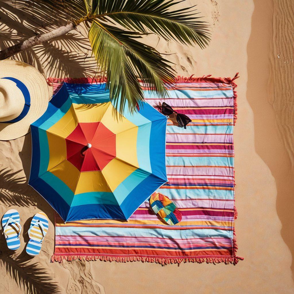 A sunny beach scene featuring a variety of stylish bikinis displayed on a colorful beach towel, with beach accessories like sunglasses, flip-flops, and a beach hat scattered around. The background showcases bright blue ocean waves and golden sand, while a palm tree leans slightly into the frame, casting playful shadows. Add a vibrant beach umbrella for additional flair, evoking a sense of summer fun and style. bright and cheerful. vibrant colors. summer vibe.